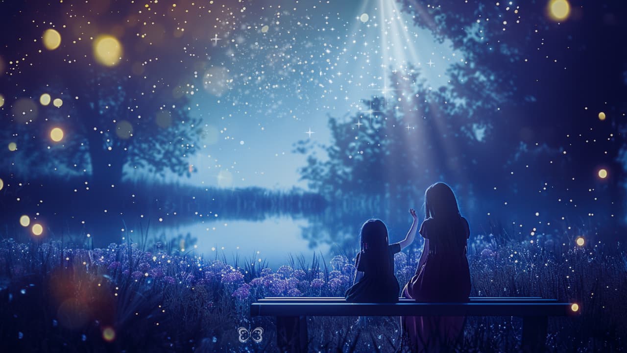女性がインナーチャイルドと出会い、ベンチに座っている。星降る夜、湖のほとり。