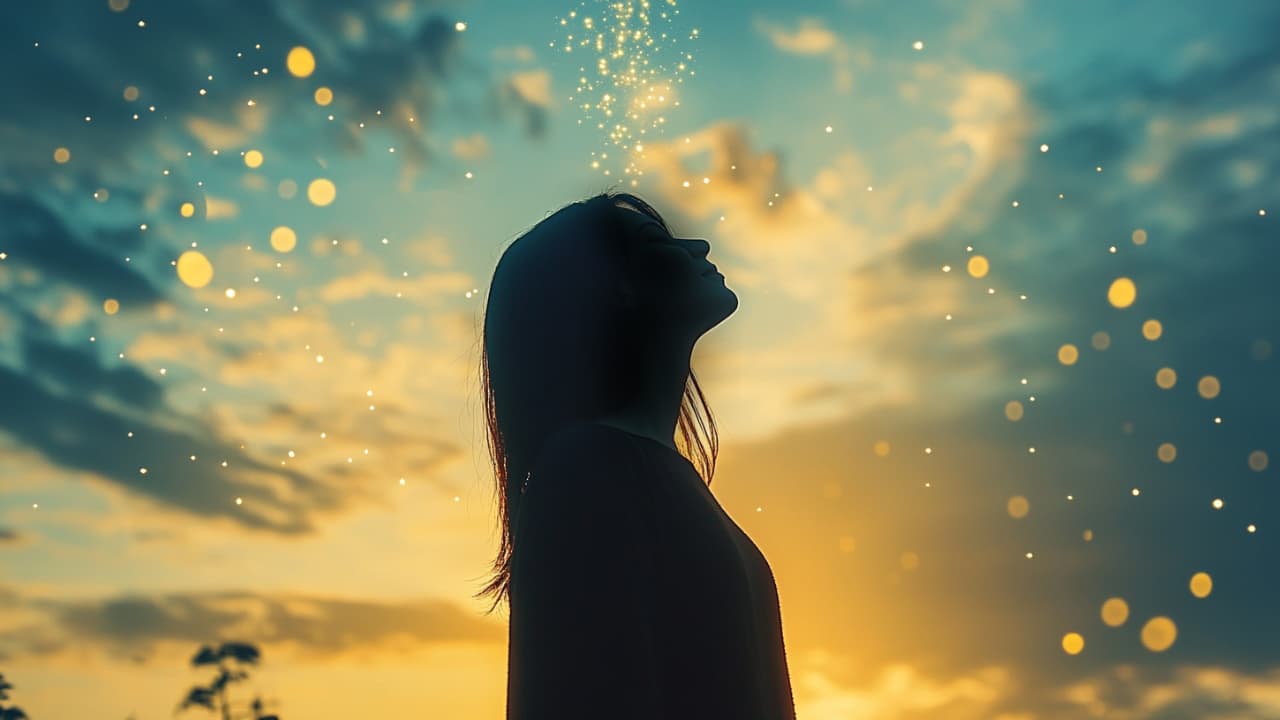 夕空を背景に光を見上げる女性のシルエット。希望と変容を象徴するイメージ。