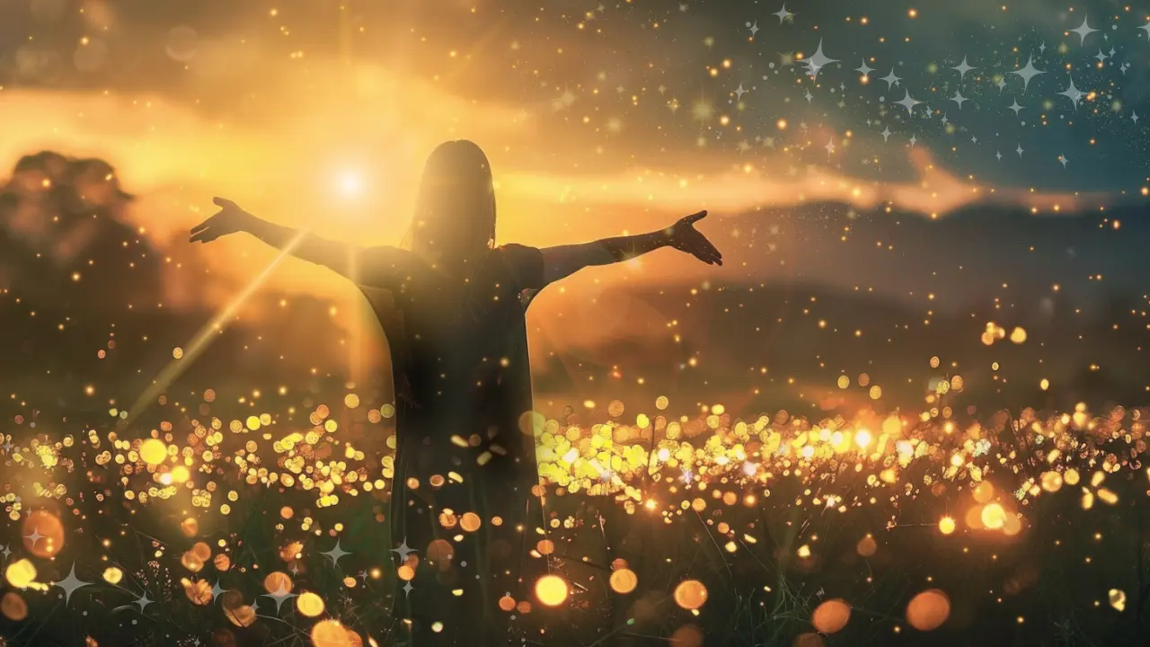 キラキラと輝く朝に向かって、両手を広げて豊かさを受け取る女性