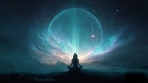 光に包まれながら瞑想する人物と、宇宙のような青いエネルギーの球体