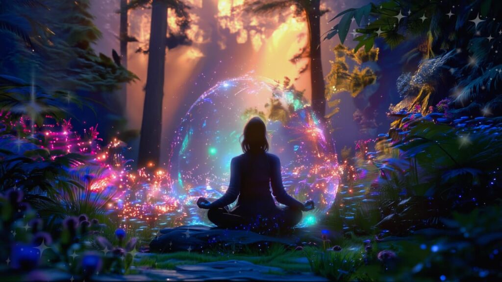 夕暮れの森で、巨大な木に寄り添う女性。女性の足元からは強力な根が地面に伸びており、同時に頭上からはキラキラとした星屑のような光が、女性の手に優しく降り注いでいる様子。