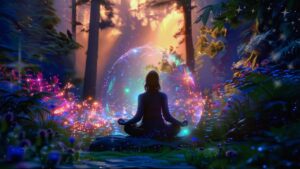 夕暮れの森で、巨大な木に寄り添う女性。女性の足元からは強力な根が地面に伸びており、同時に頭上からはキラキラとした星屑のような光が、女性の手に優しく降り注いでいる様子。